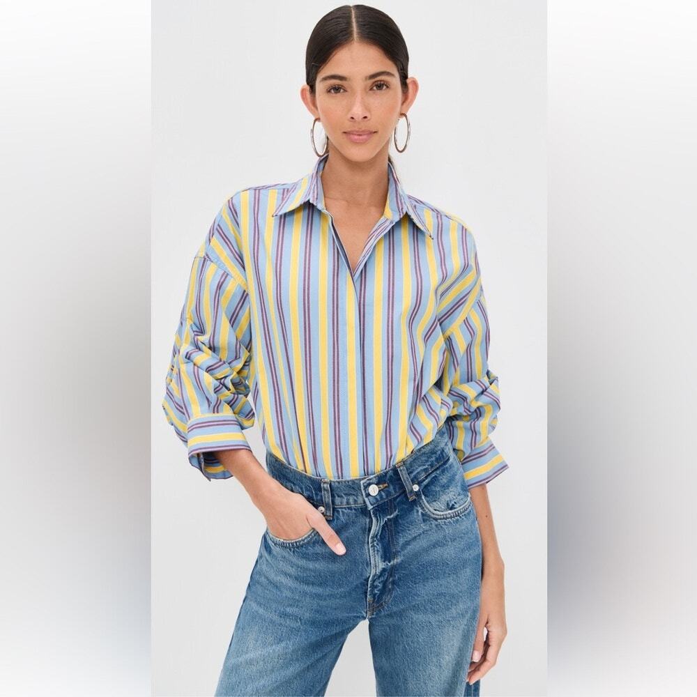 STAUD Traverse Striped Bodysuit Cotton Blue/Yellow Quiet Luxury Contemporary XL